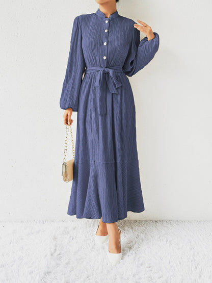Women's Long-Sleeve Buttoned Maxi Dress with Waist Tie