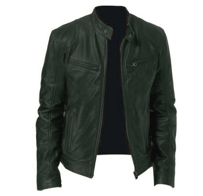 Men's Sleek Leather Jacket with Zip Closure and Stand Collar Design