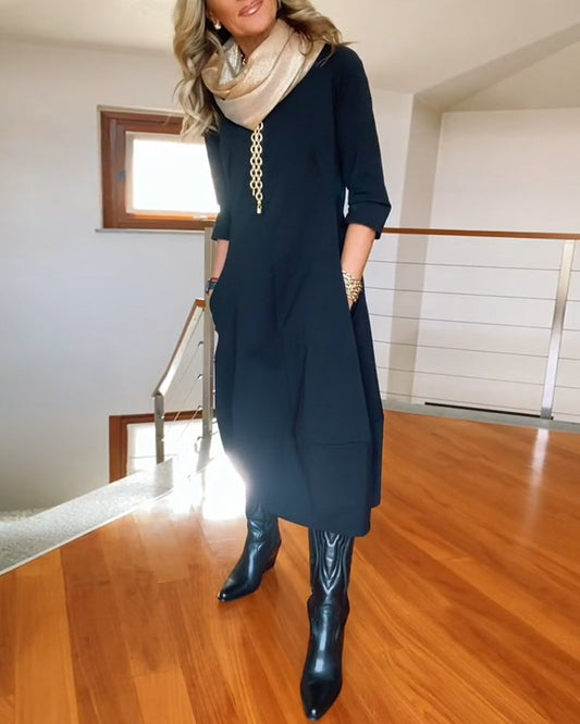 Women’s Elegant Midi Dress – 3/4 Sleeve Minimalist Workwear Style