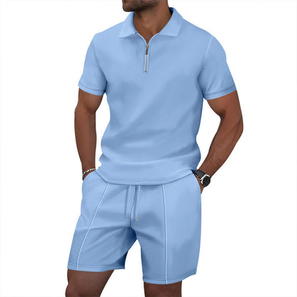 Men’s Solid Color Polo Collar T-Shirt & Shorts Set – Casual Leisure Outfit