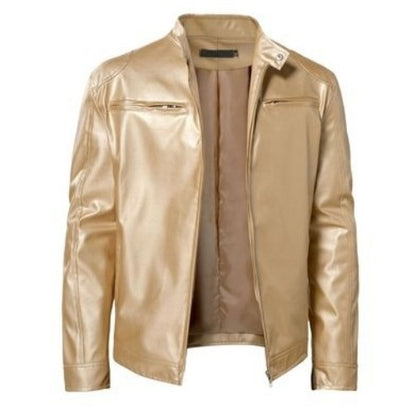 Men's Sleek Leather Jacket with Zip Closure and Stand Collar Design