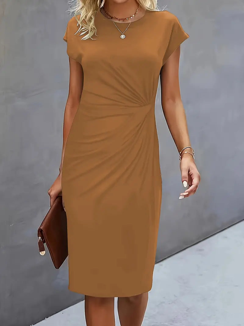 Women's Knee-Length Sheath Dress with Ruched Waist and Cap Sleeves