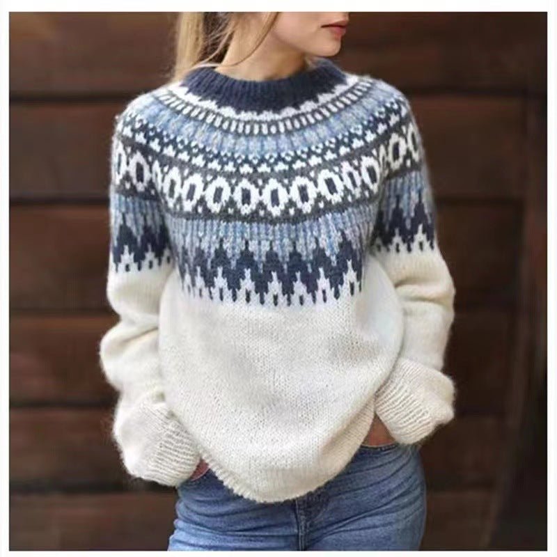 Women’s Fair Isle Crewneck Jumper with Cozy Relaxed Fit