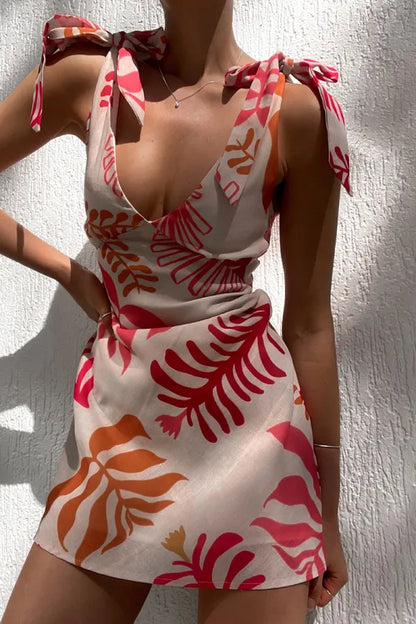 Women's Tropical Print Mini Dress with Adjustable Shoulder Ties