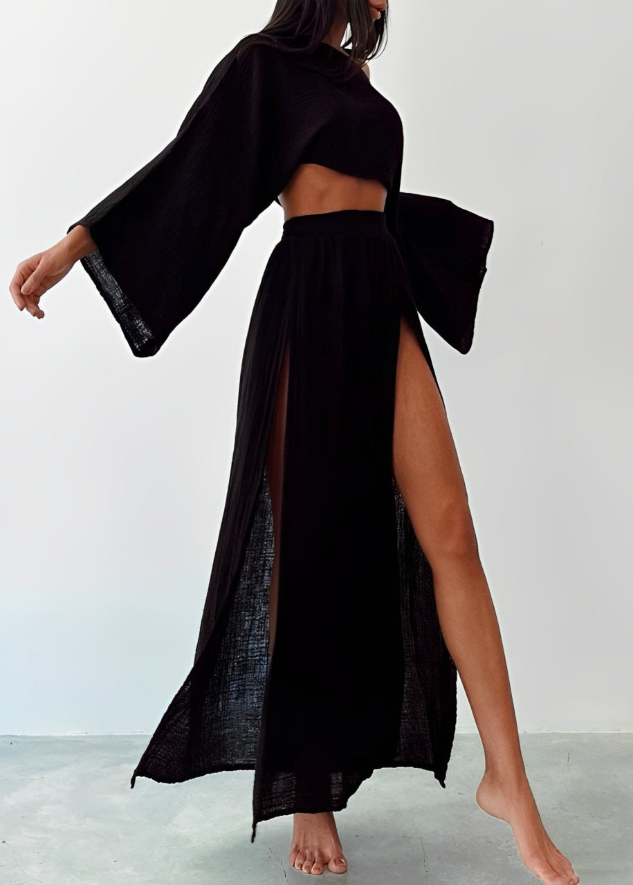 Women's Two-Piece Maxi Skirt Set with Slit and Flowy Crop Top