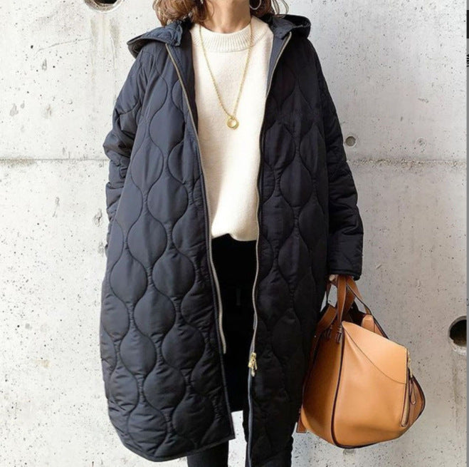 Women's Quilted Hooded Coat with Full Zip and Long Silhouette
