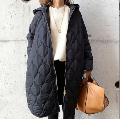 Women's Quilted Hooded Coat with Full Zip and Long Silhouette