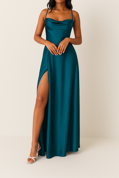 Women's Sleeveless Maxi Dress with Draped Neckline and Side Slit