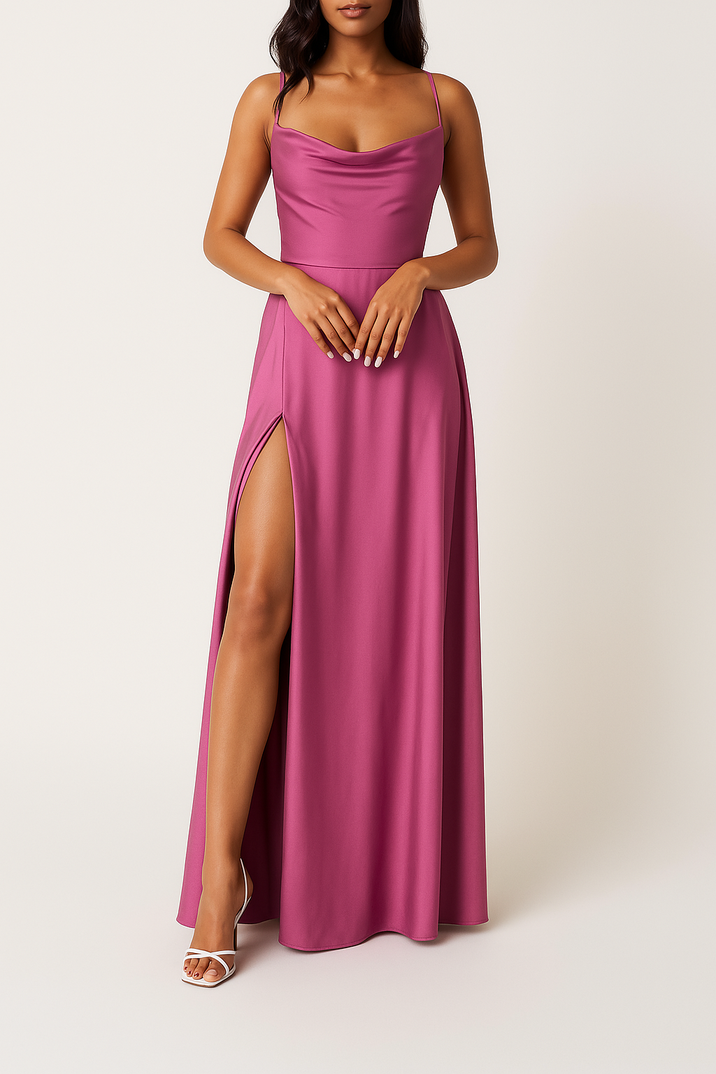Women's Sleeveless Maxi Dress with Draped Neckline and Side Slit