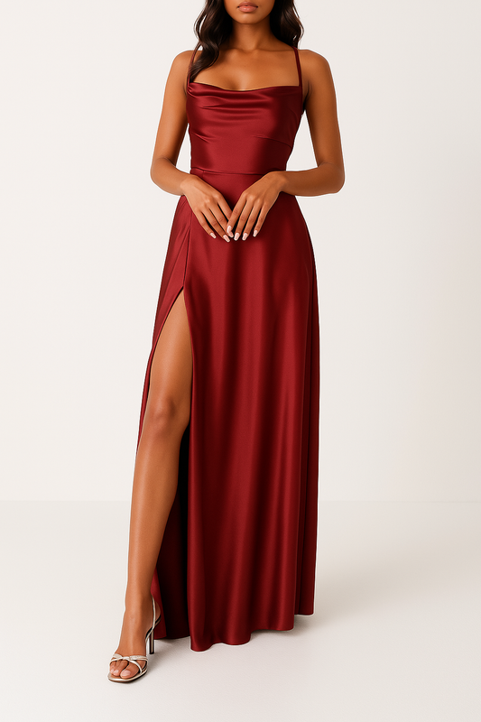 Women's Sleeveless Maxi Dress with Draped Neckline and Side Slit