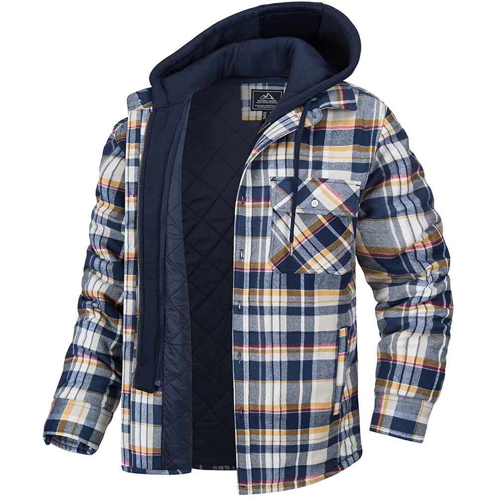 Men's Plaid Hooded Bomber Jacket with Quilted Lining