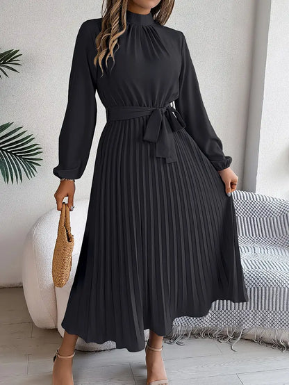 Women's Chic Pleated Midi Dress with Belted Waist