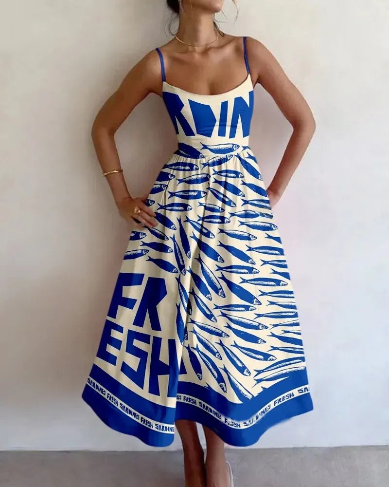Women's Sleeveless Maxi Dress with Abstract Fish Print