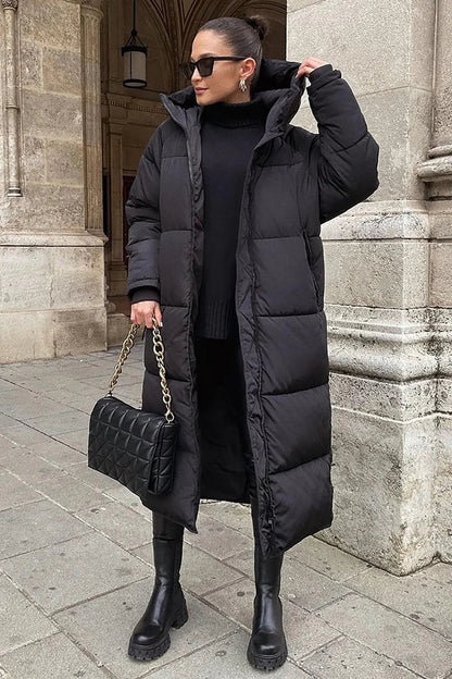 Women's Long Quilted Puffer Coat with High Neck and Hood