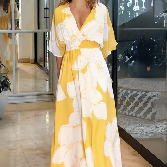 Women's Yellow V-Neck Floral Print Maxi Dress with Wide Sleeves and Flowing Skirt