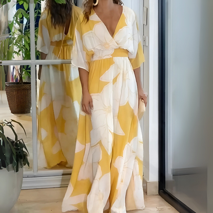 Women's Yellow V-Neck Floral Print Maxi Dress with Wide Sleeves and Flowing Skirt
