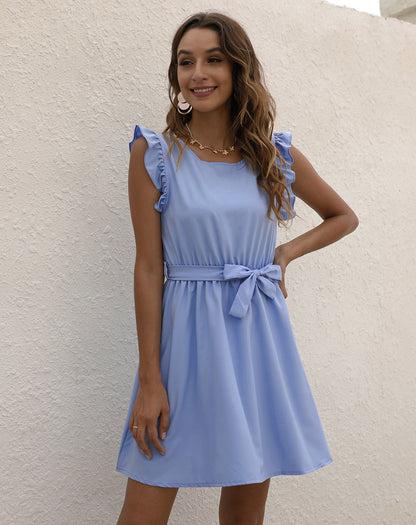 Women's Sleeveless Midi Dress with Ruffle Shoulders and Waist Tie