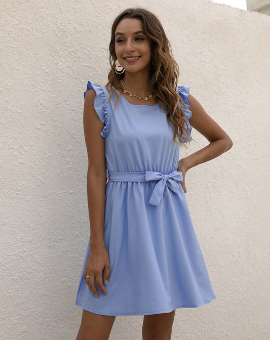 Women's Sleeveless Midi Dress with Ruffle Shoulders and Waist Tie