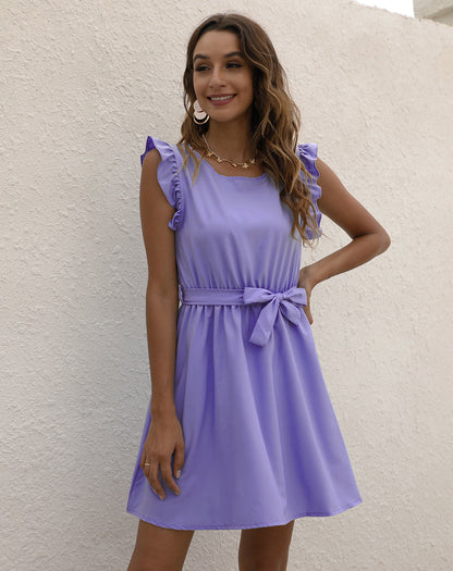 Women's Sleeveless Midi Dress with Ruffle Shoulders and Waist Tie