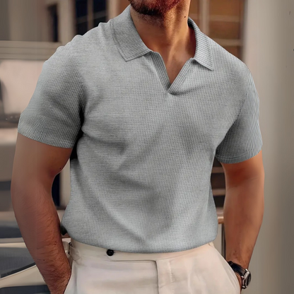 Men's Short Sleeve Ribbed Polo Shirt with V-Neck Collar