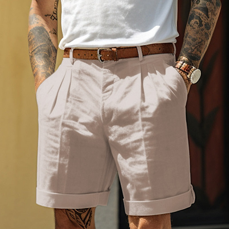 Men's Tailored Pleated Shorts with Cuffed Hem and Side Pockets