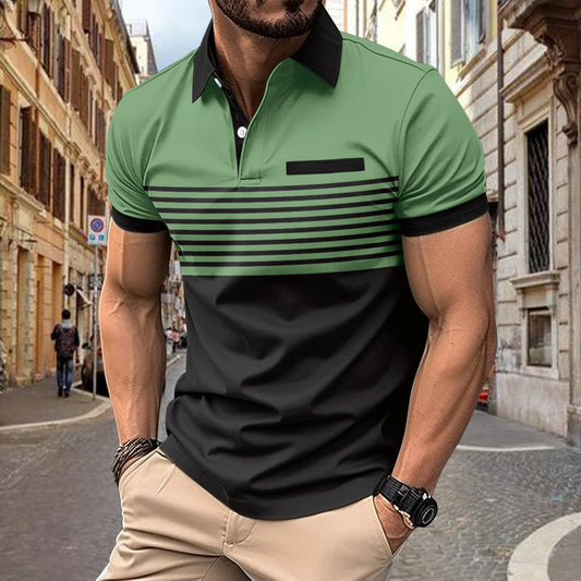 Men's Slim Fit Short Sleeve Polo Shirt with Striped Colorblock Design
