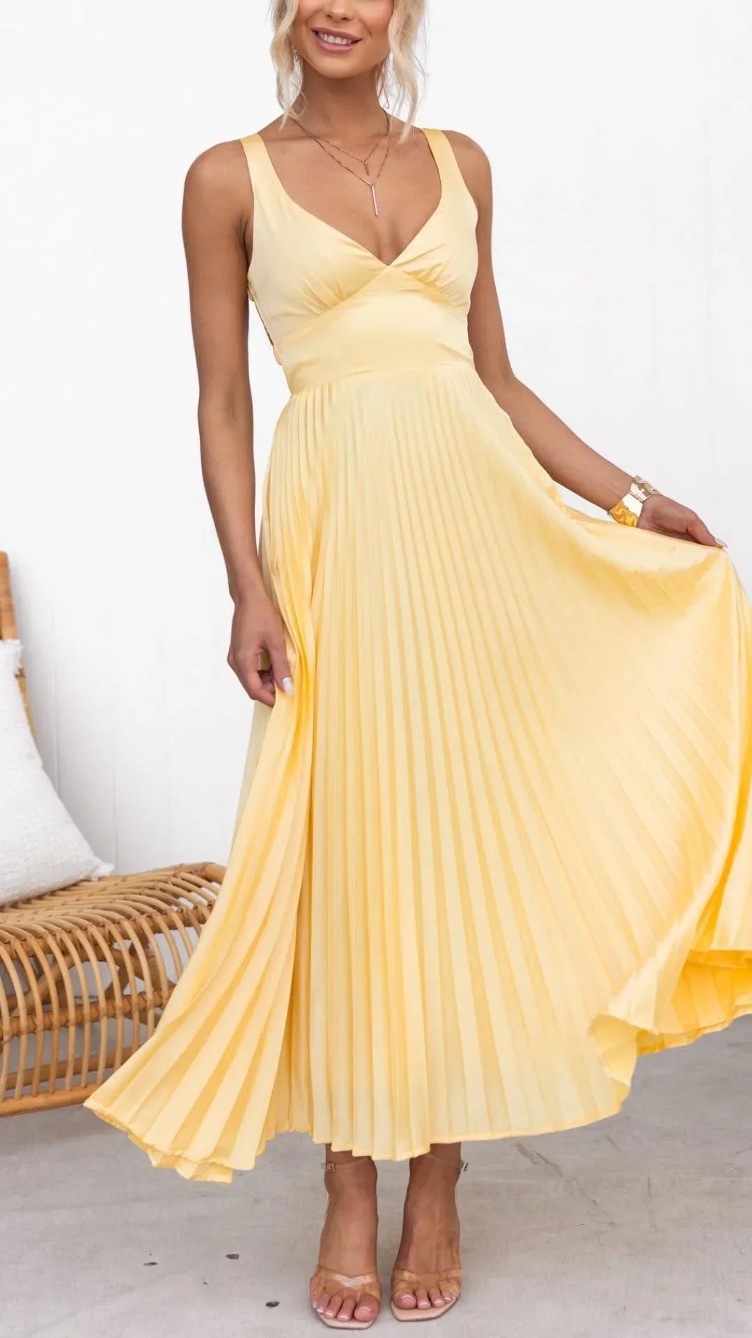 Women's Yellow Pleated Maxi Dress with V-Neck and Sleeveless Cut
