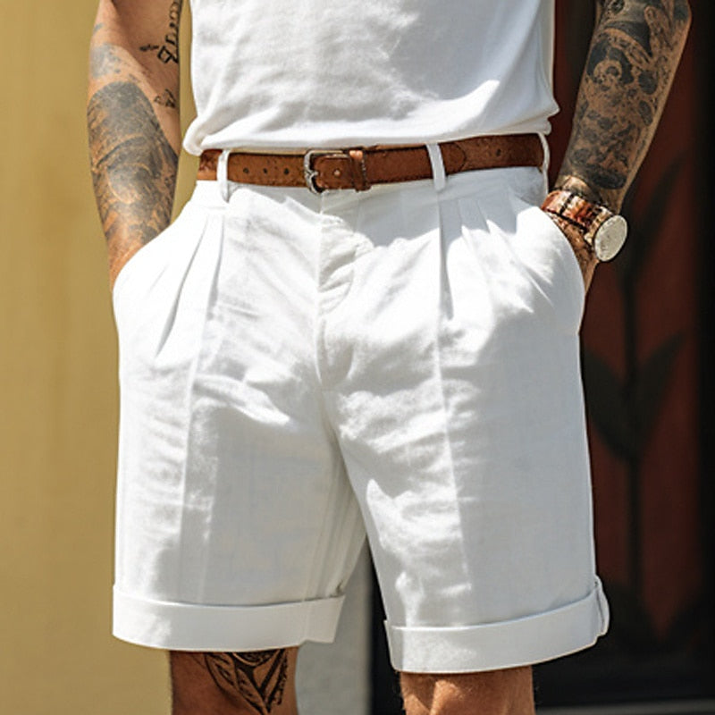 Men's Tailored Pleated Shorts with Cuffed Hem and Side Pockets