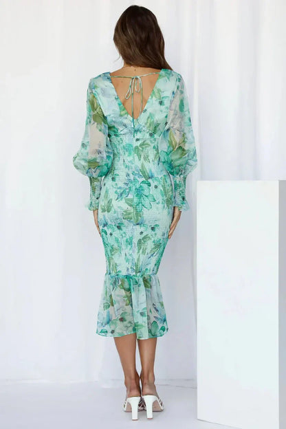 Women's Long-Sleeve Maxi Dress with Floral Print and Ruffled Hem