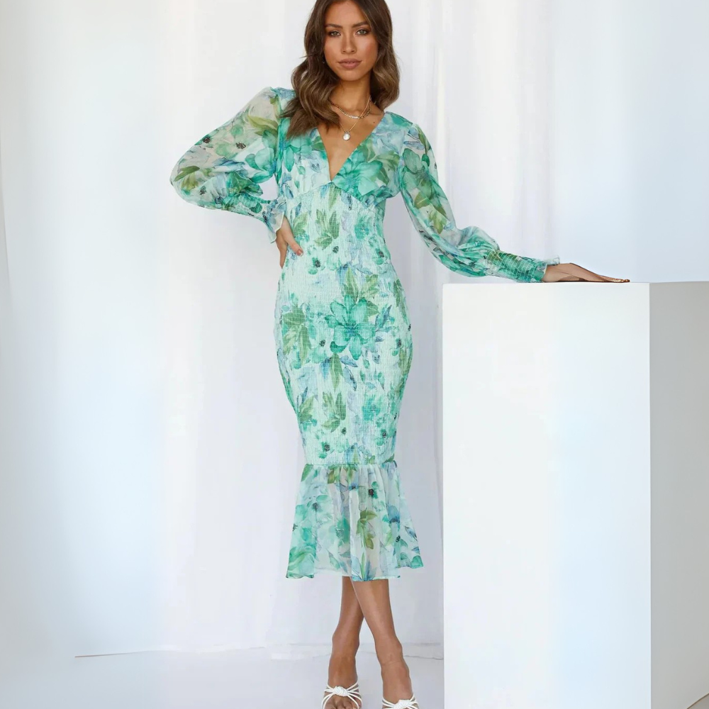 Women's Long-Sleeve Maxi Dress with Floral Print and Ruffled Hem