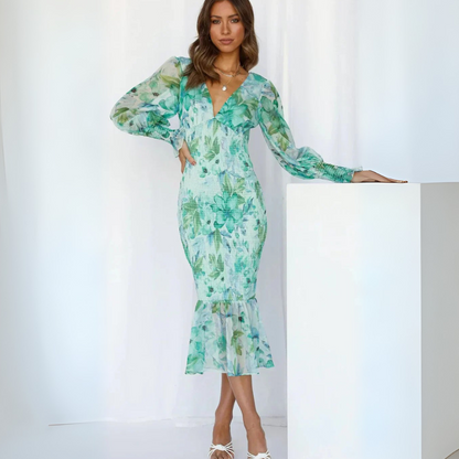 Women's Long-Sleeve Maxi Dress with Floral Print and Ruffled Hem