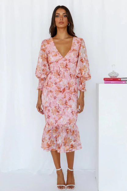 Women's Long-Sleeve Maxi Dress with Floral Print and Ruffled Hem