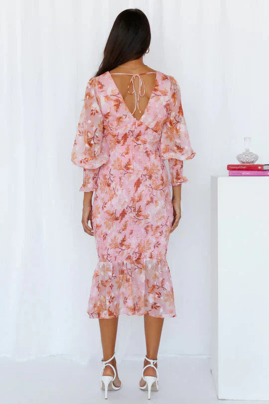 Women's Long-Sleeve Maxi Dress with Floral Print and Ruffled Hem