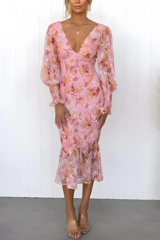 Women's Long-Sleeve Maxi Dress with Floral Print and Ruffled Hem