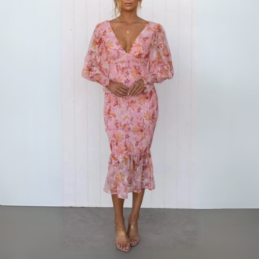 Women's Long-Sleeve Maxi Dress with Floral Print and Ruffled Hem