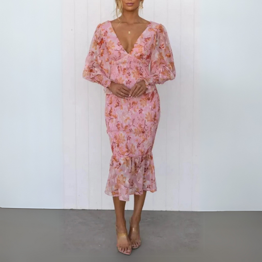 Women's Long-Sleeve Maxi Dress with Floral Print and Ruffled Hem