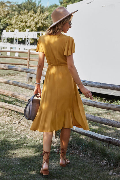 Women's Short Sleeve Midi Dress with Drawstring Waist Detail