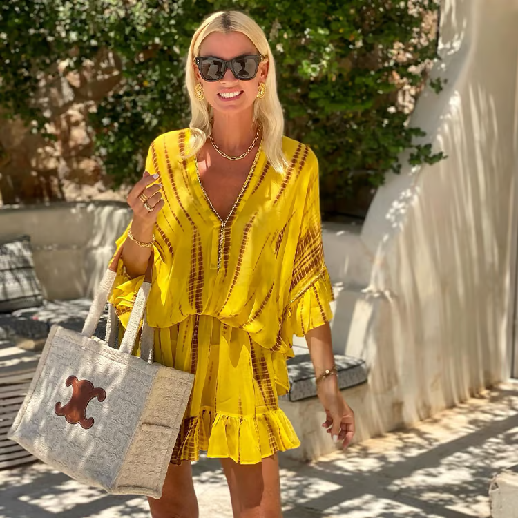 Women's Yellow Puff-Sleeve Mini Dress with Ombre Print