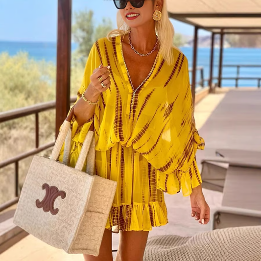 Women's Yellow Puff-Sleeve Mini Dress with Ombre Print