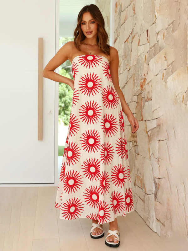 Women's Tropical Print Strapless Maxi Dress with Flowy Design