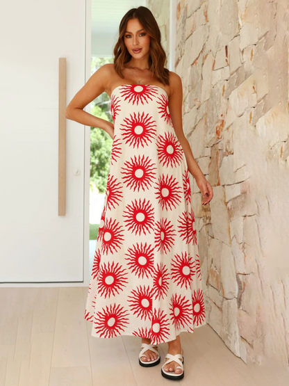 Women's Tropical Print Strapless Maxi Dress with Flowy Design