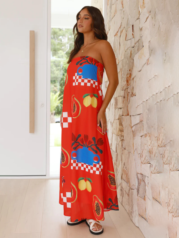 Women's Tropical Print Strapless Maxi Dress with Flowy Design