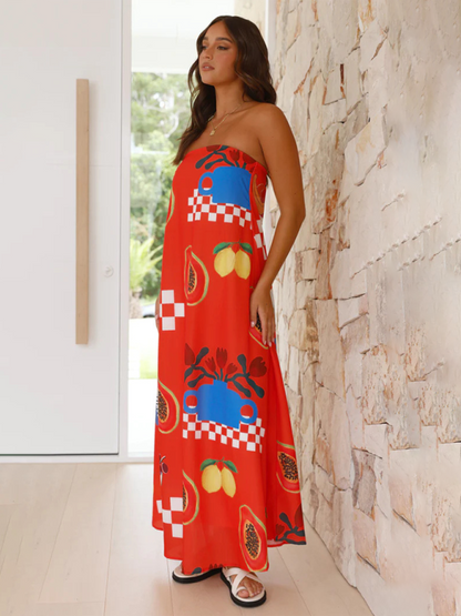 Women's Tropical Print Strapless Maxi Dress with Flowy Design