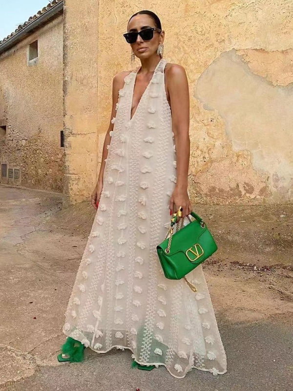 Women's Halterneck Maxi Dress with 3D Flowers