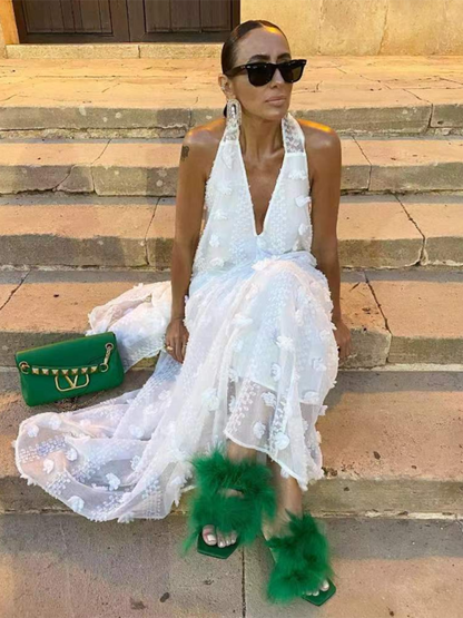 Women's Halterneck Maxi Dress with 3D Flowers