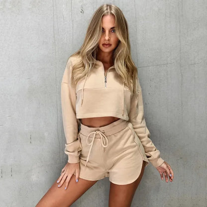Women's Summer Jogger Set with Cropped Zip-Up Hoodie and Shorts