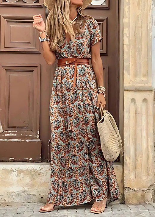 Women's Bohemian Maxi Dress with Short Sleeves and Side Slit