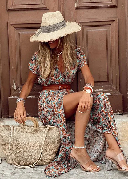 Women's Bohemian Maxi Dress with Short Sleeves and Side Slit