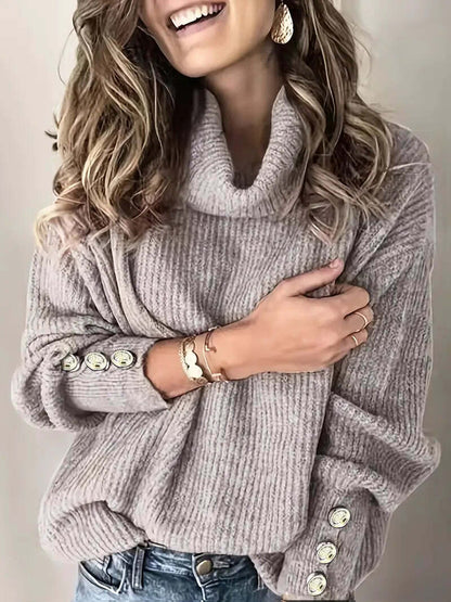 Women’s Turtleneck Jumper with Button Sleeve Detail and Relaxed Fit