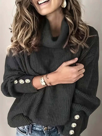 Women’s Turtleneck Jumper with Button Sleeve Detail and Relaxed Fit